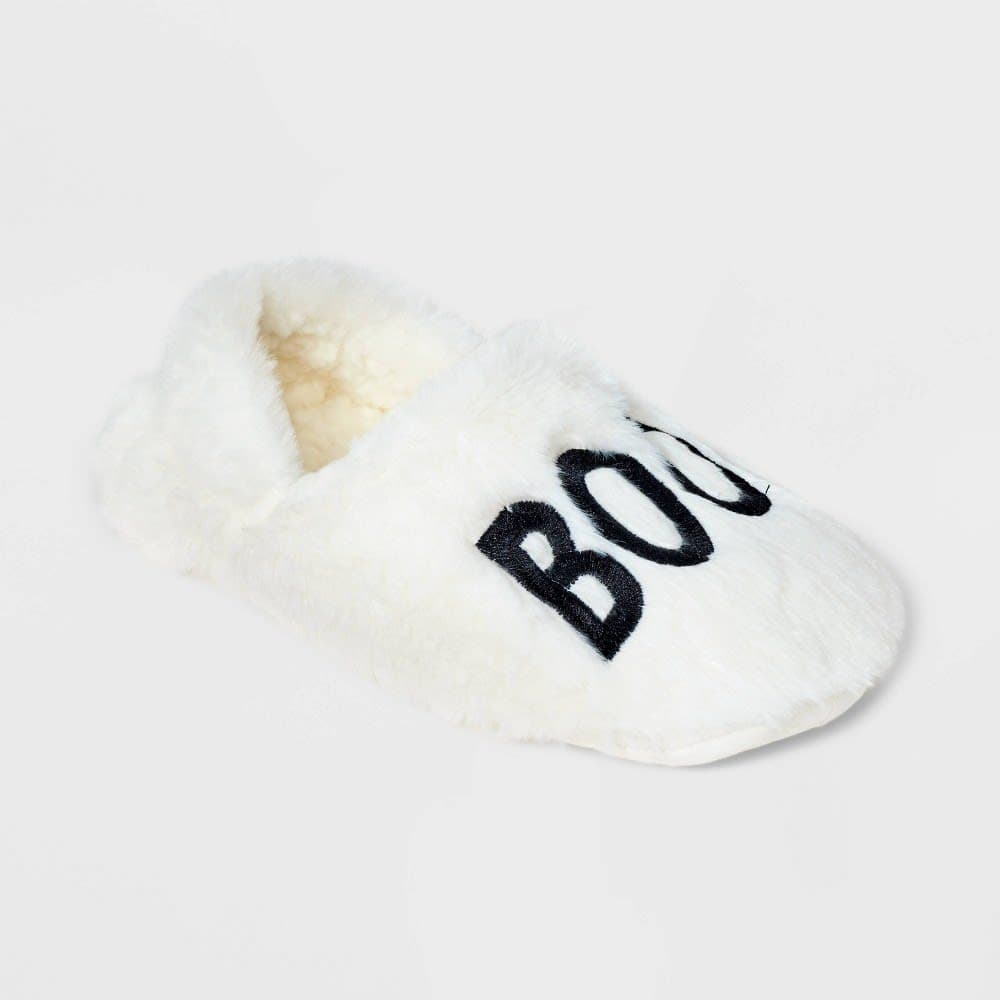 Women's "Boo!" Embroidered Halloween Faux Fur Pull-On Slipper Socks with Grippers - Hyde & EEK! Boutique™ White/Black M/L — image 1