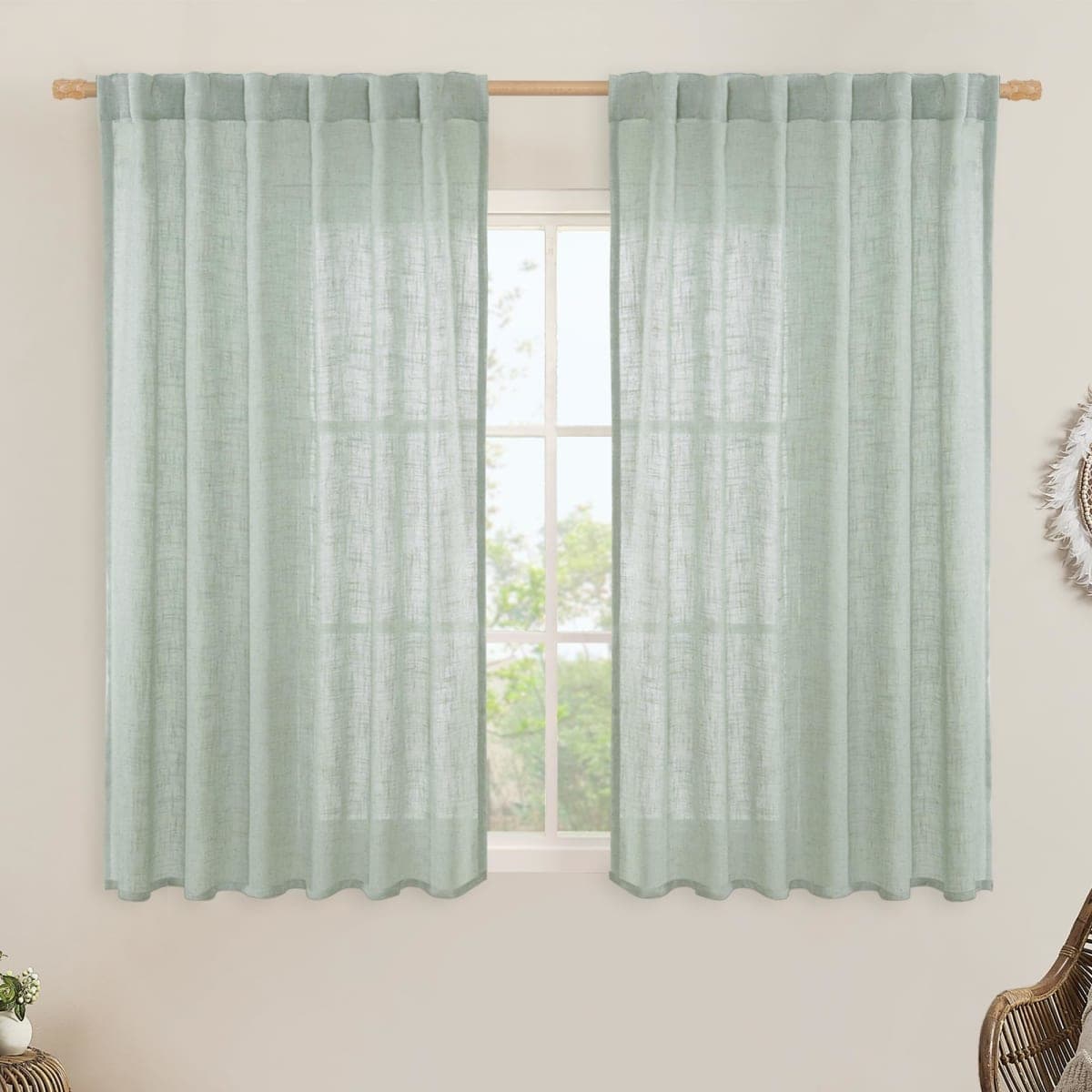 LAMIT Light Sage Linen Curtains 45 Inches Long for Bedroom, Light Filtering Panels Back Tab and Rod Pocket Neutral Drapes for Kitchen/Window/Loft Room, 52 x 45 Inch, 2 Panels — image 1