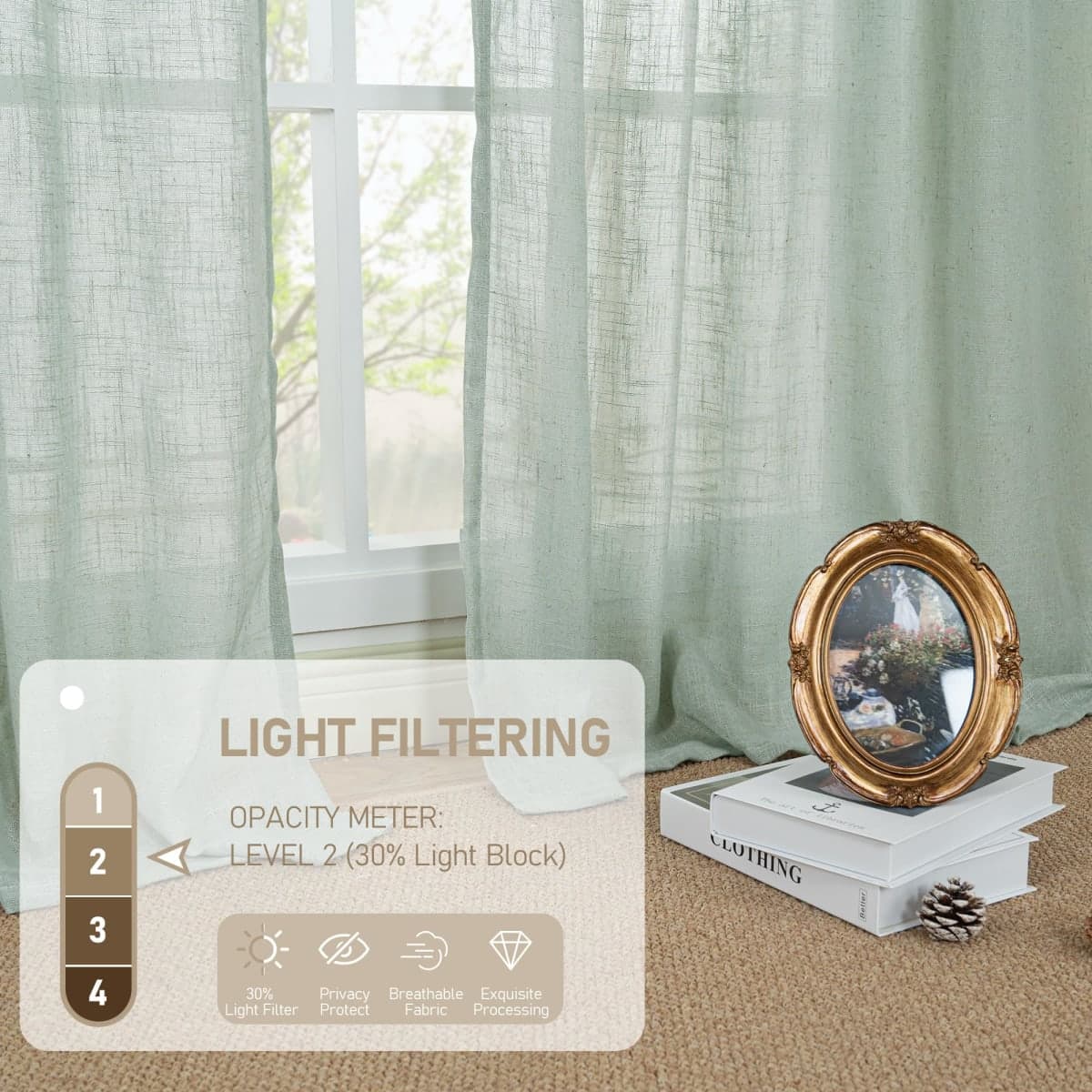 LAMIT Light Sage Linen Curtains 45 Inches Long for Bedroom, Light Filtering Panels Back Tab and Rod Pocket Neutral Drapes for Kitchen/Window/Loft Room, 52 x 45 Inch, 2 Panels thumbnail 4