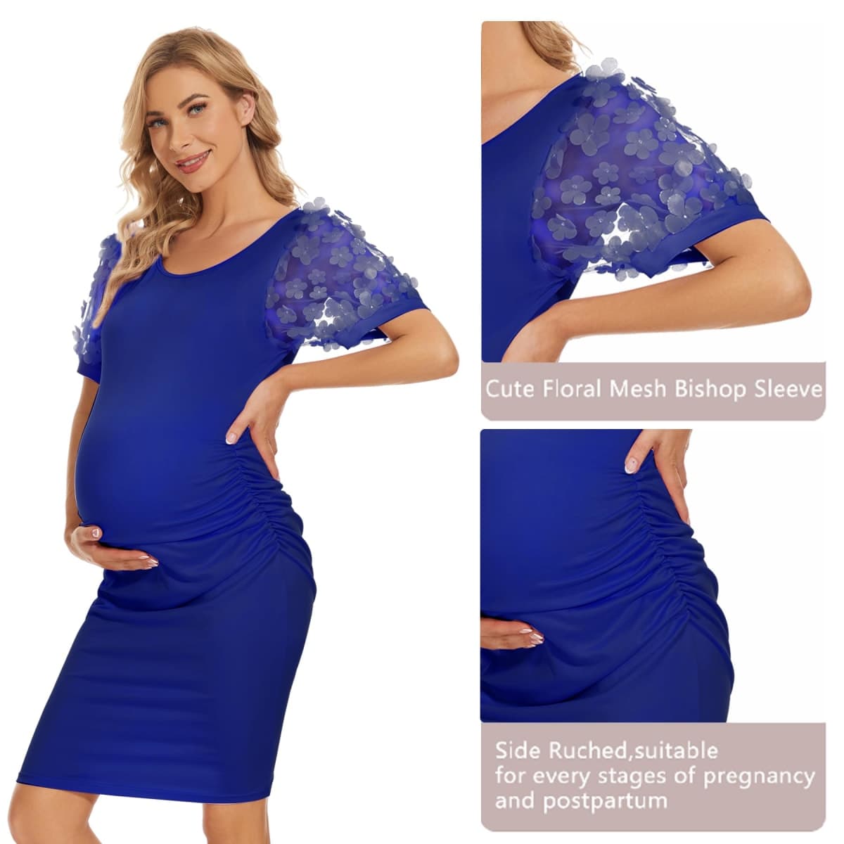 Floral Mesh Bishop Long Sleeve Maternity Midi Dress, Fall Maternity Bodycon Dress for Baby Shower, Short Sleeve-royal Blue, Small thumbnail 5