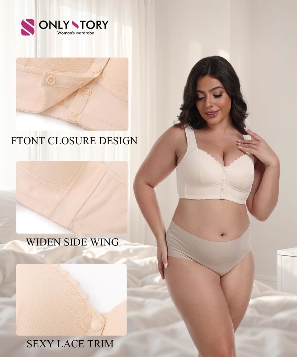 Bras for Women No Underwire Comfortable Full Coverage Front Closure Bralettes Wireless Wirefree Moona Bras, Apricot, 40C thumbnail 4
