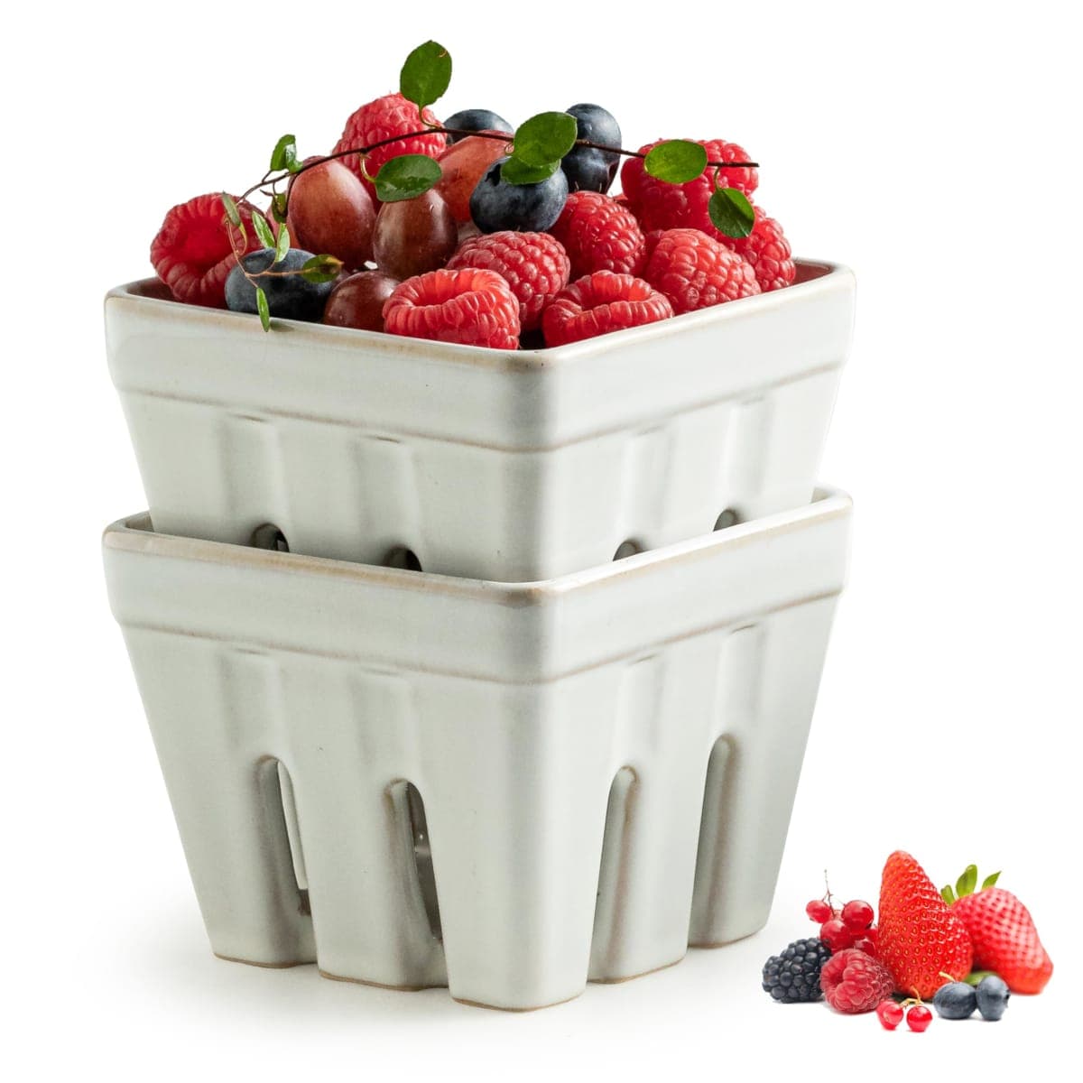 Gomakren Ceramic Berry Basket Set of 2, Square Fruit Bowl with Holes, Small Fruit Basket Containers for Kitchen Counter, Berries, Strawberry, Grape, Cherry, White — image 1