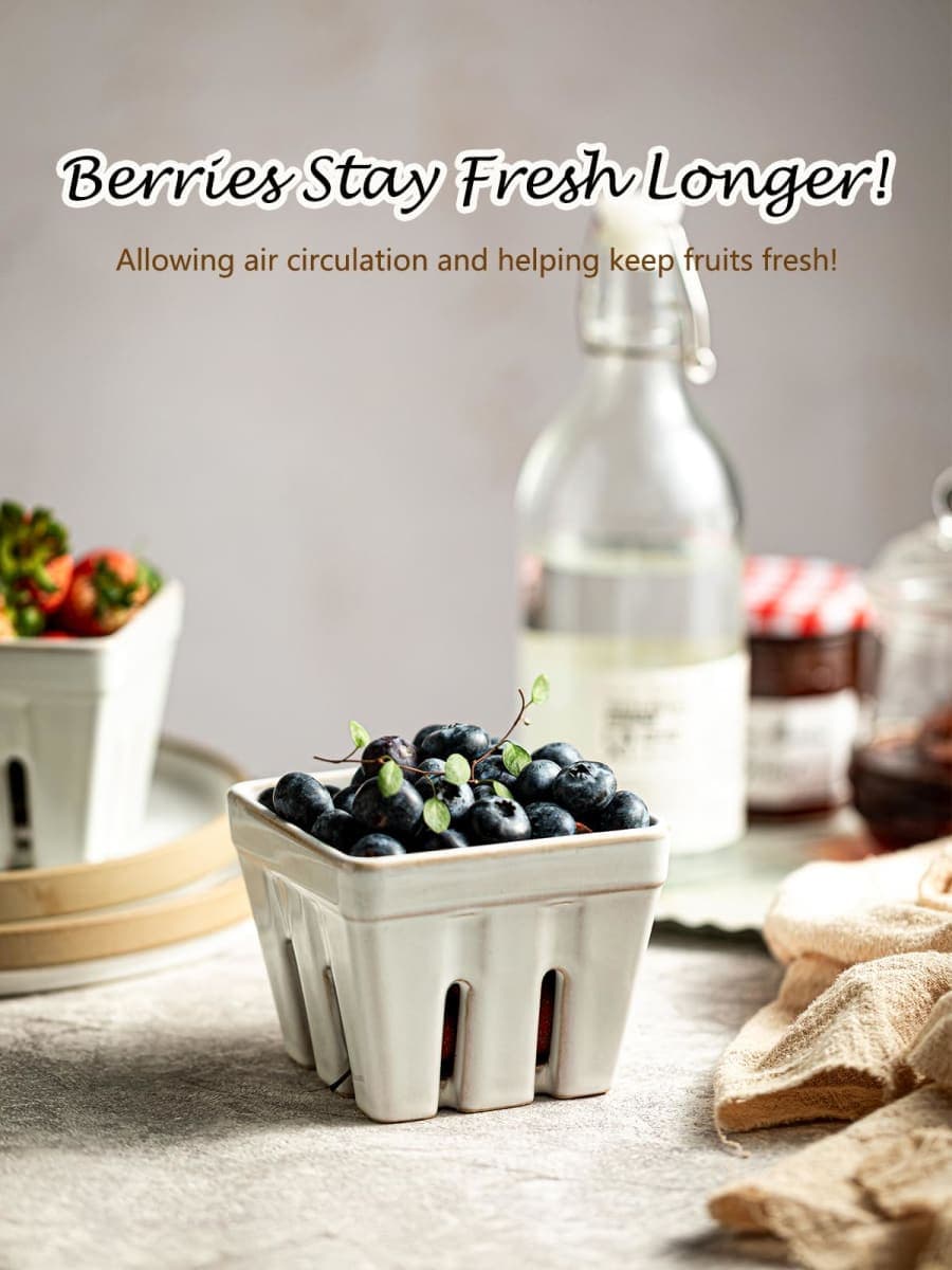 Gomakren Ceramic Berry Basket Set of 2, Square Fruit Bowl with Holes, Small Fruit Basket Containers for Kitchen Counter, Berries, Strawberry, Grape, Cherry, White thumbnail 3