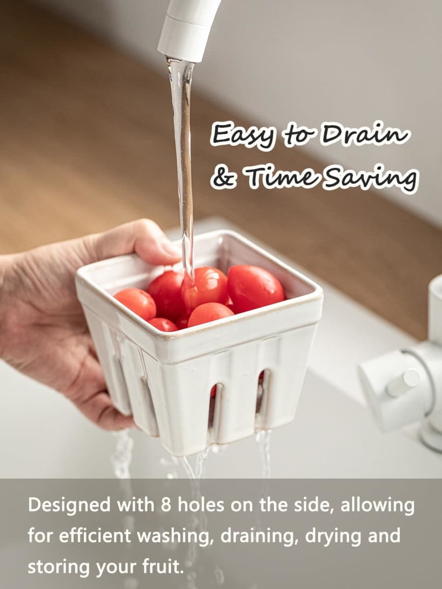 Gomakren Ceramic Berry Basket Set of 2, Square Fruit Bowl with Holes, Small Fruit Basket Containers for Kitchen Counter, Berries, Strawberry, Grape, Cherry, White thumbnail 4