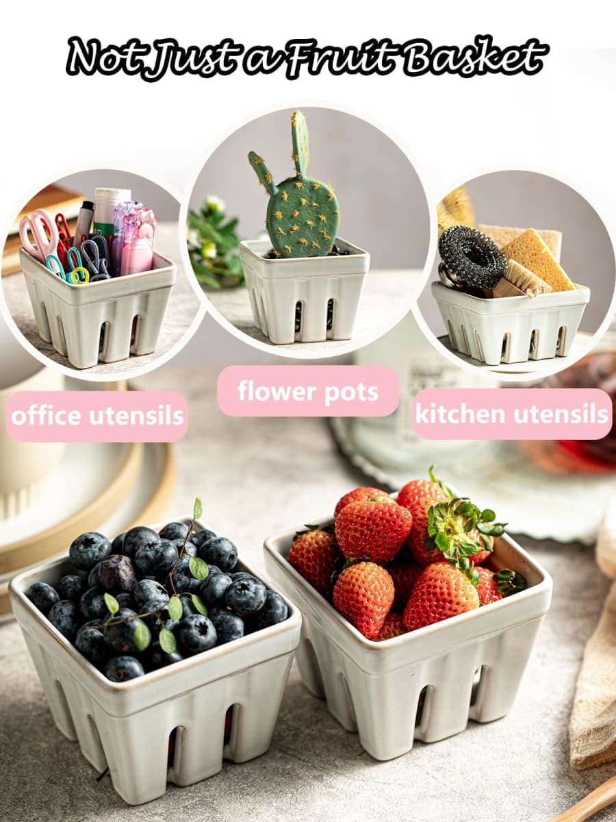 Gomakren Ceramic Berry Basket Set of 2, Square Fruit Bowl with Holes, Small Fruit Basket Containers for Kitchen Counter, Berries, Strawberry, Grape, Cherry, White thumbnail 5