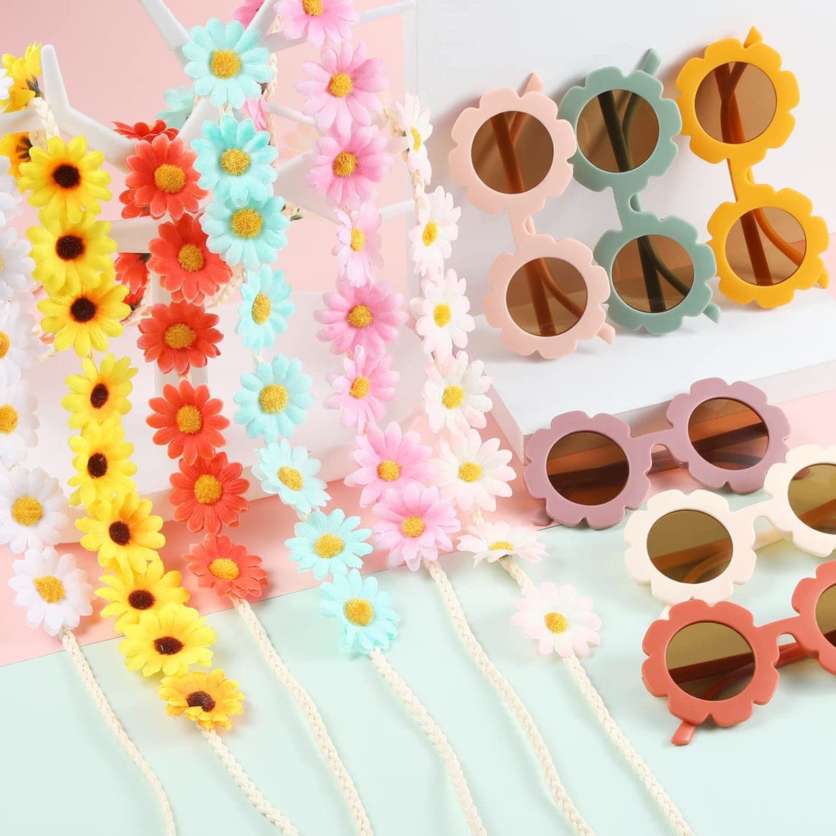 Groovy Retro Flower Sunglasses Headbands Party Favors Daisy Flower Costume Accessories Set 60s 70s Party Gifts for Kids (20 Pcs) thumbnail 4