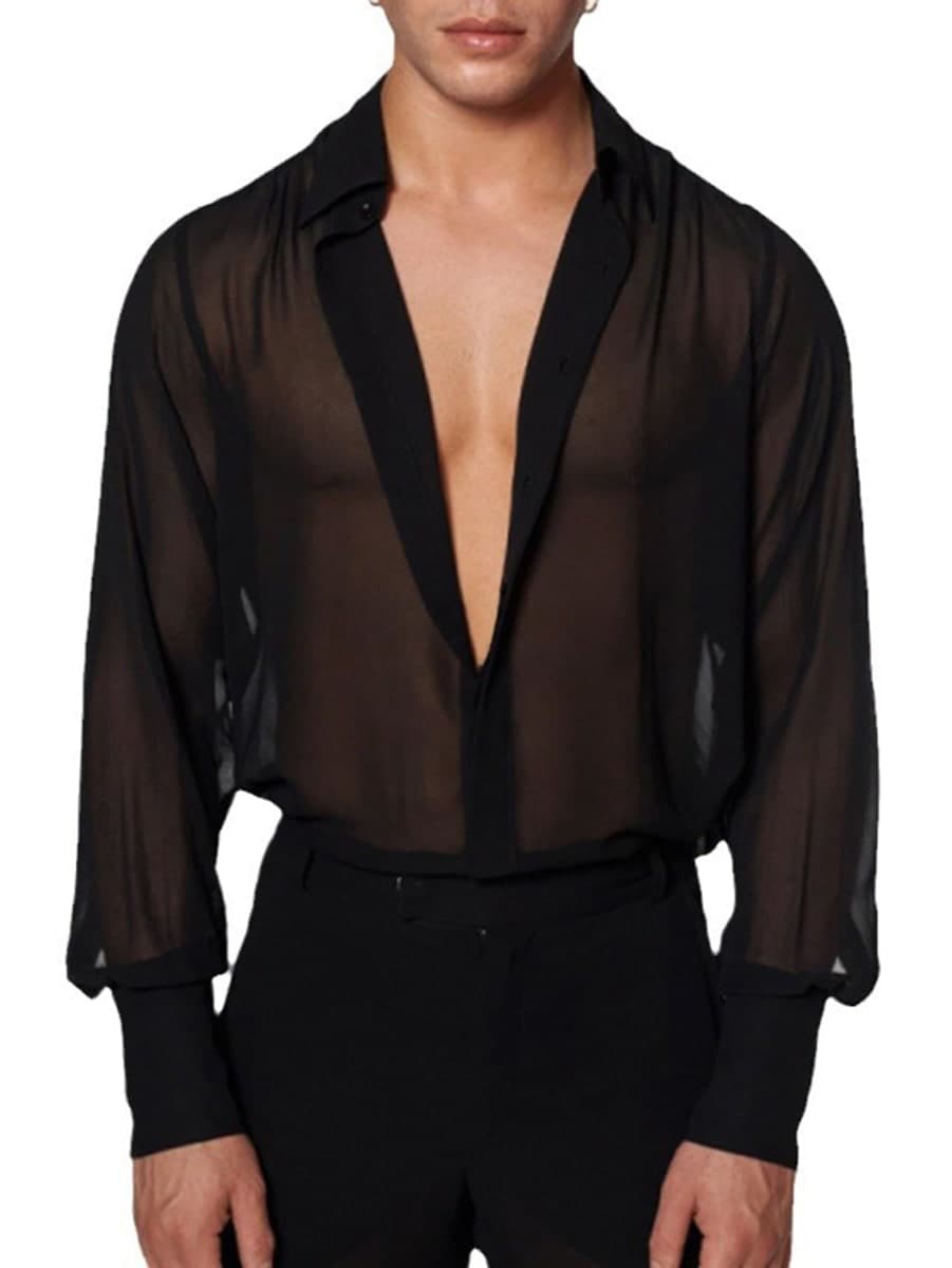 COOLOYA Men's Mesh Sheer See Through Long Sleeve Rave Disco Outfit Collar Button Front Party Shirt Tops, Black, Medium — image 1