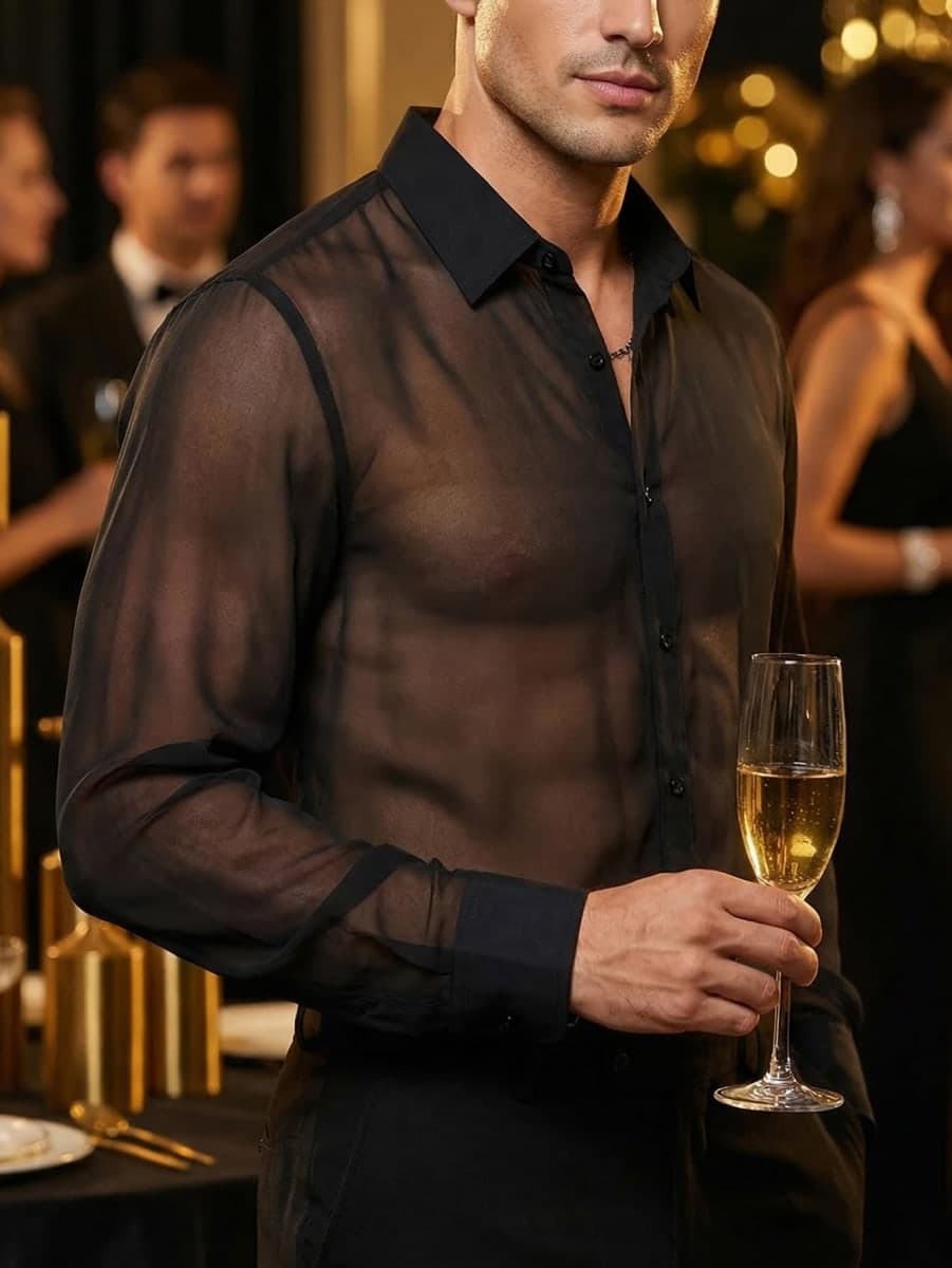 COOLOYA Men's Mesh Sheer See Through Long Sleeve Rave Disco Outfit Collar Button Front Party Shirt Tops, Black, Medium thumbnail 5