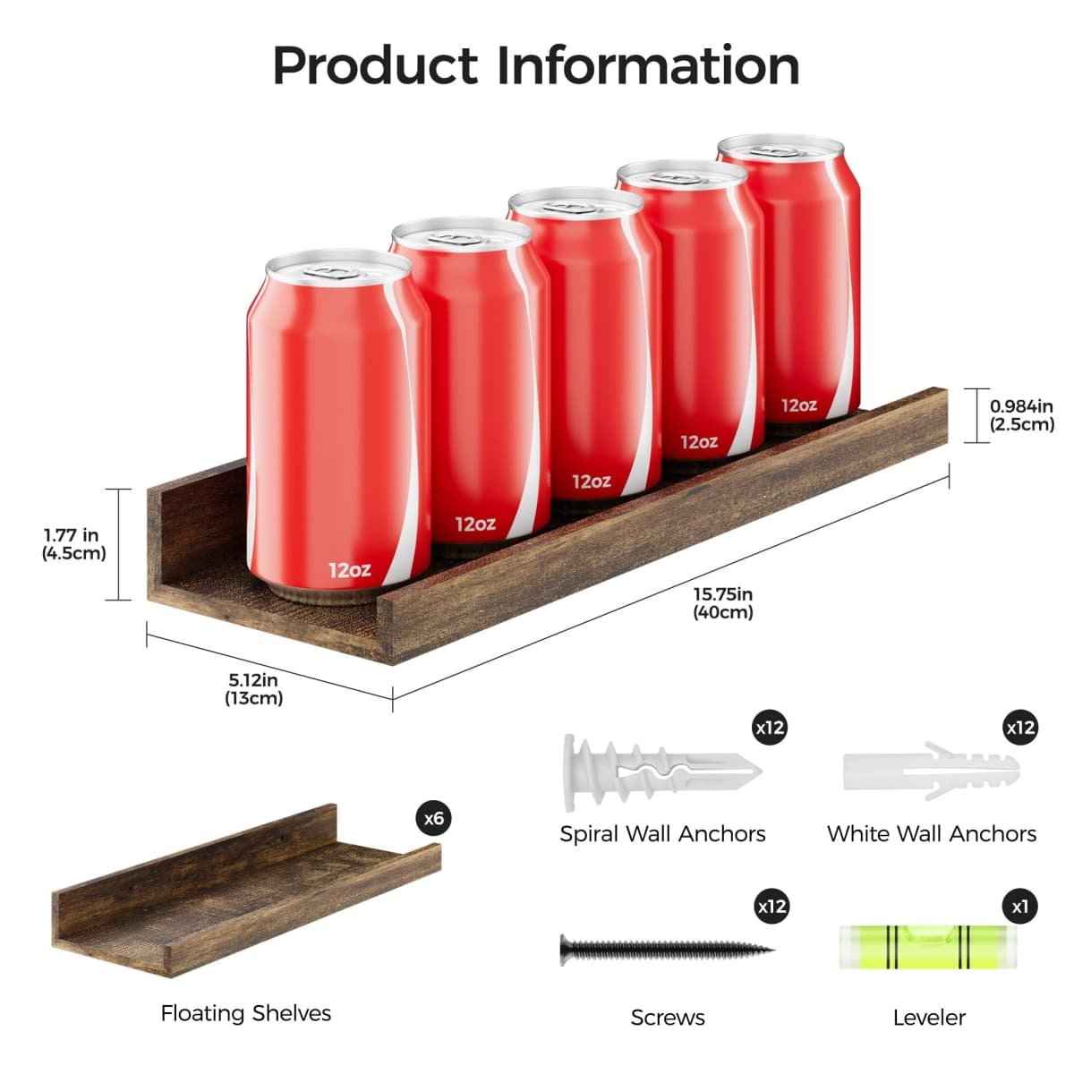 upsimples Floating Shelves for Wall, Wall Shelves for Decor Storage, Set of 6, Wall Mounted Wooden Shelf for Bedroom, Living Room, Bathroom, Kitchen, Picture Rail, Brown thumbnail 3