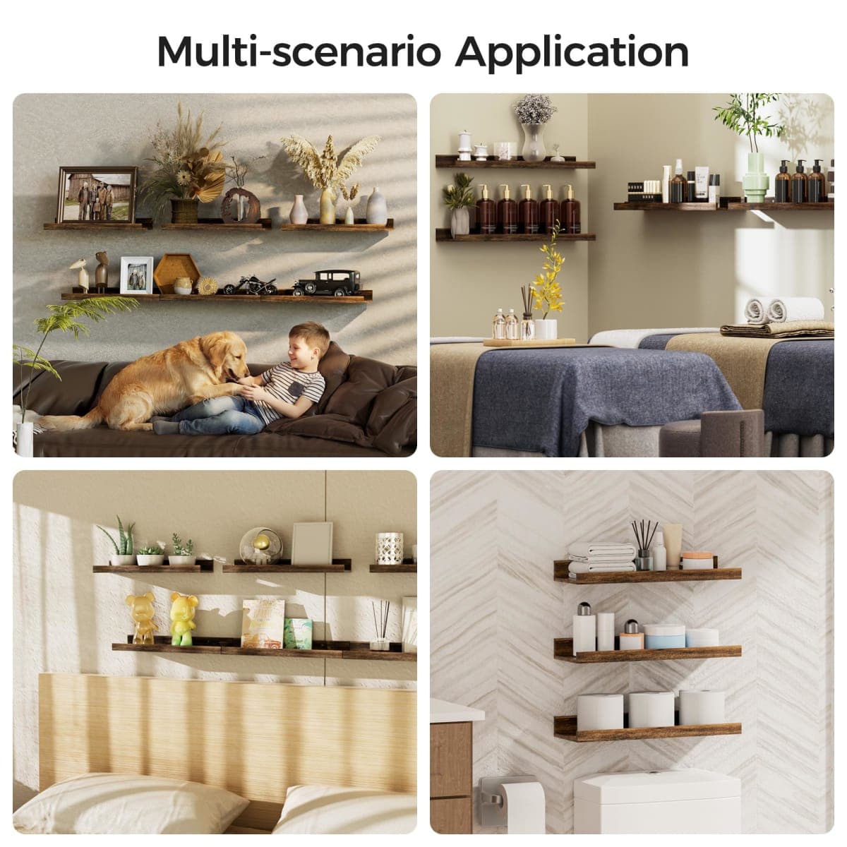 upsimples Floating Shelves for Wall, Wall Shelves for Decor Storage, Set of 6, Wall Mounted Wooden Shelf for Bedroom, Living Room, Bathroom, Kitchen, Picture Rail, Brown thumbnail 4