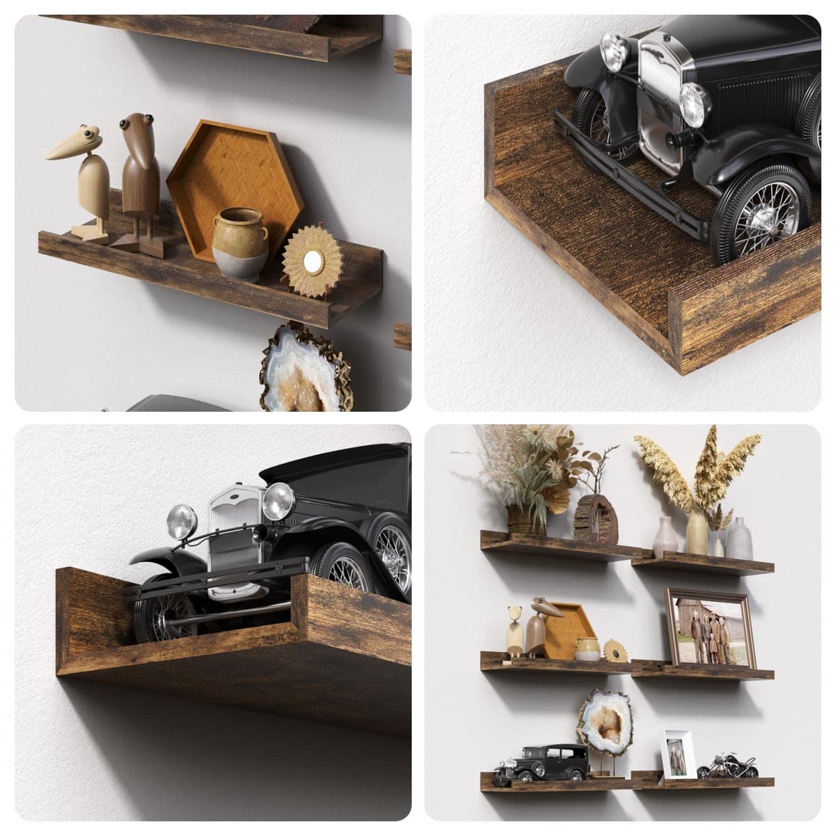 upsimples Floating Shelves for Wall, Wall Shelves for Decor Storage, Set of 6, Wall Mounted Wooden Shelf for Bedroom, Living Room, Bathroom, Kitchen, Picture Rail, Brown thumbnail 5
