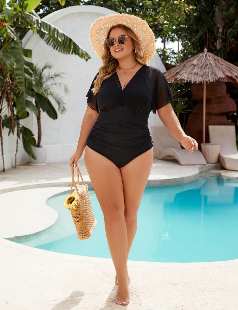 Blooming Jelly Women's Plus Size Swimsuit One Piece Bathing Suit Tummy Control Mesh V Neck Maternity Swimwear, Hot Pink and Black, XX-Large thumbnail 5