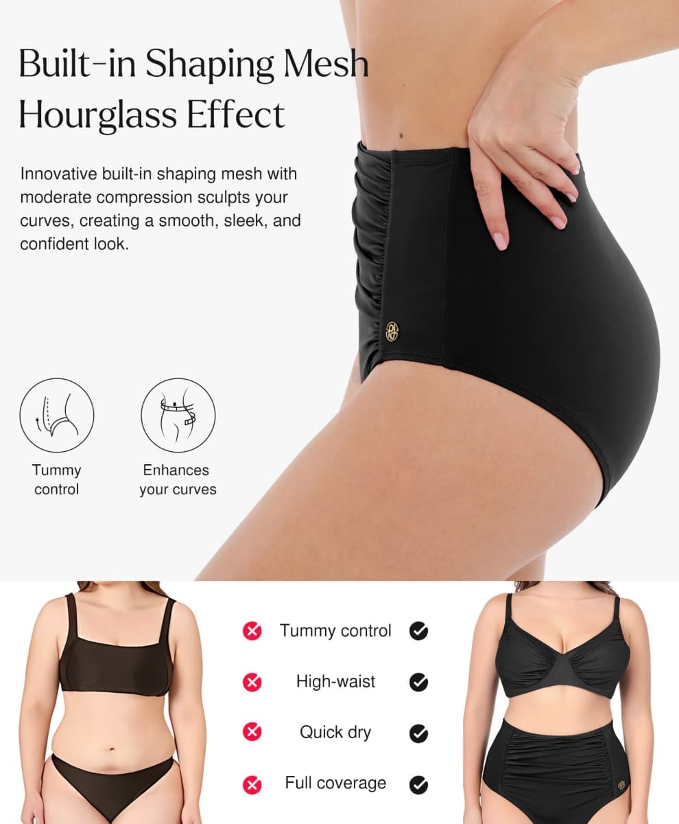 Popilush High Waisted Bikini Sets for Women Tummy Control Shapewear Swimsuit Ruched Push Up Two Piece Bathing Suit, Black, Medium thumbnail 4