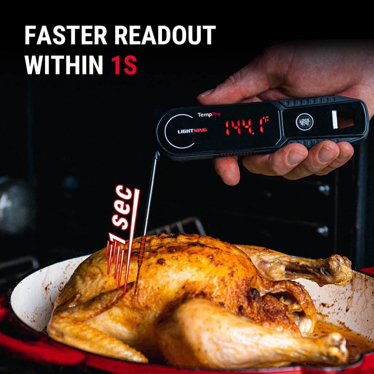 TempPro Lightning 0.5 Sec Instant Read Meat Thermometer, Kitchen Food Thermometer with 180° Rotating Display, IP67 Waterproof Cooking Thermometer for Oil Smoker BBQ Grill (Previously ThermoPro) thumbnail 3