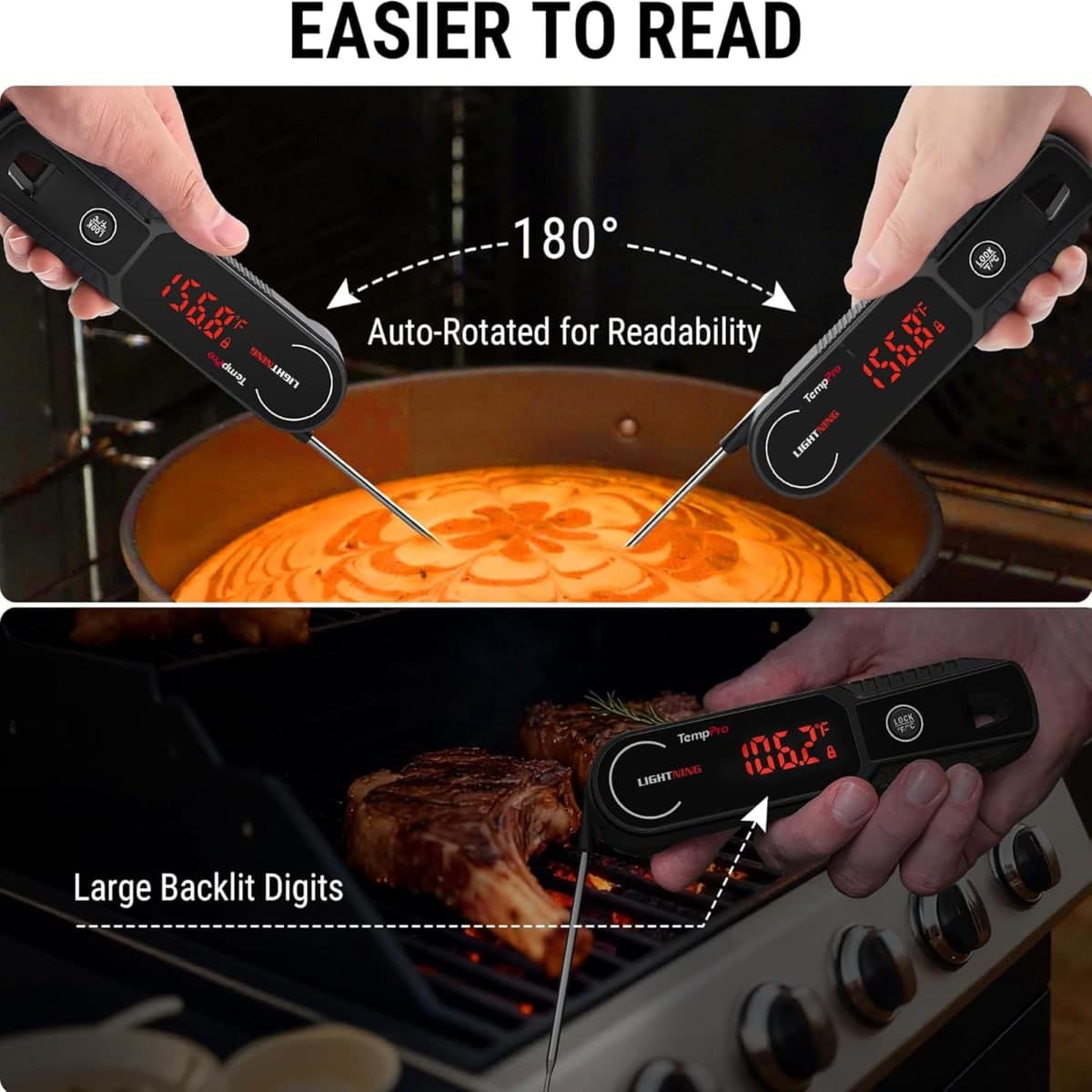 TempPro Lightning 0.5 Sec Instant Read Meat Thermometer, Kitchen Food Thermometer with 180° Rotating Display, IP67 Waterproof Cooking Thermometer for Oil Smoker BBQ Grill (Previously ThermoPro) thumbnail 5