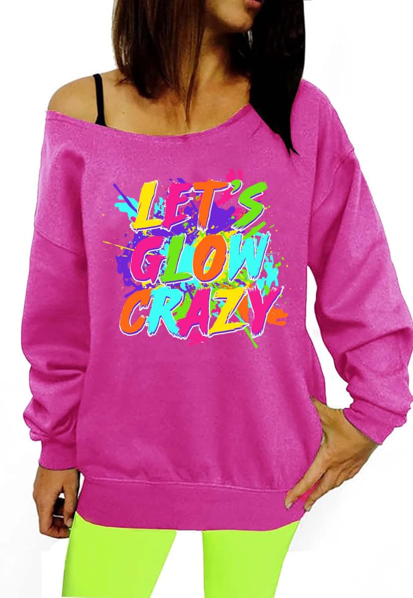 TQUEQRW 80s Outfit for Women Let's Glow Crazy Shirt Off The Shoulder Sweatshirt Vintage Neon Disco Party Pullover, Rosepink, Large — image 1