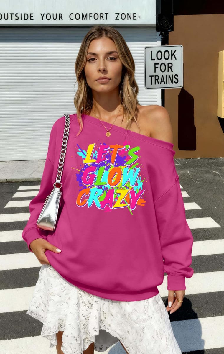 TQUEQRW 80s Outfit for Women Let's Glow Crazy Shirt Off The Shoulder Sweatshirt Vintage Neon Disco Party Pullover, Rosepink, Large thumbnail 2