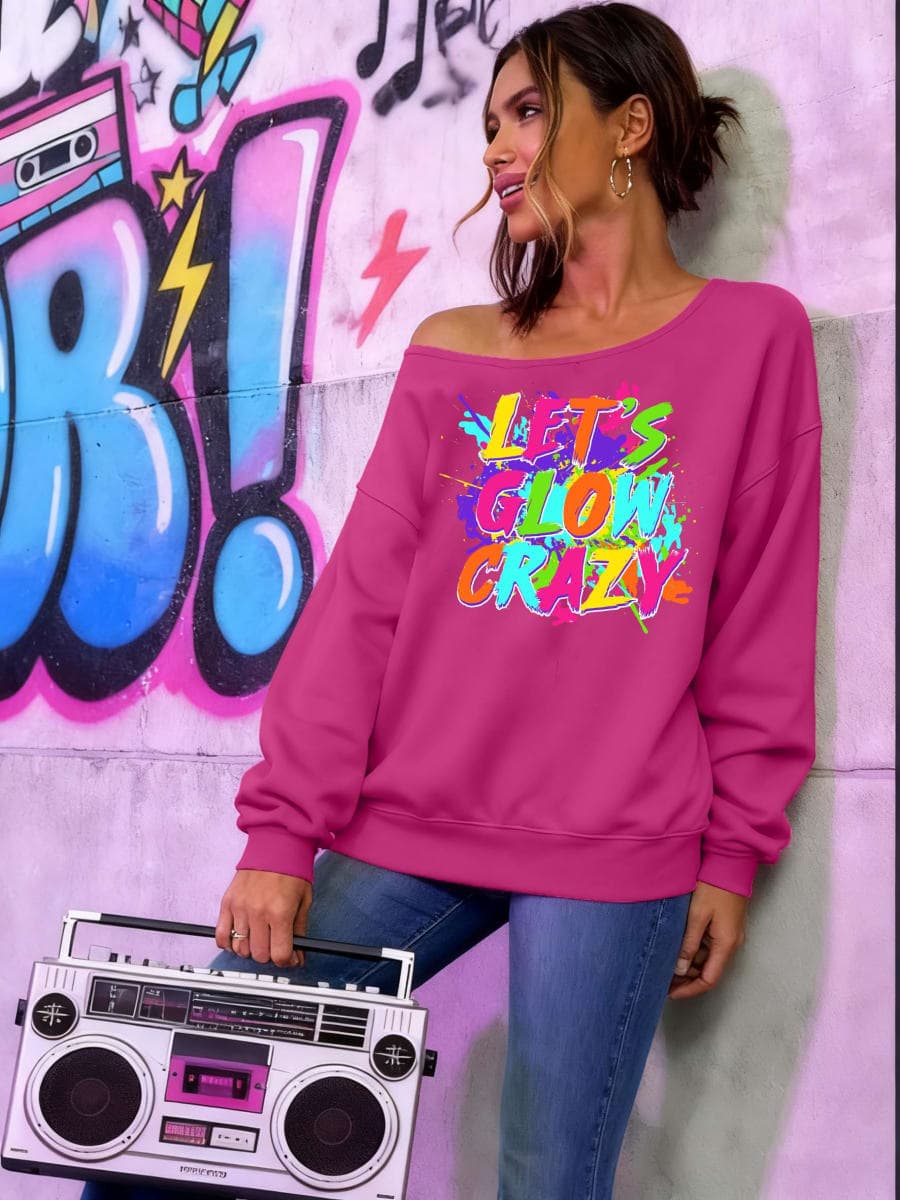 TQUEQRW 80s Outfit for Women Let's Glow Crazy Shirt Off The Shoulder Sweatshirt Vintage Neon Disco Party Pullover, Rosepink, Large thumbnail 3