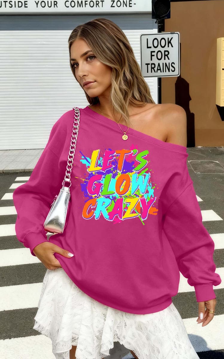 TQUEQRW 80s Outfit for Women Let's Glow Crazy Shirt Off The Shoulder Sweatshirt Vintage Neon Disco Party Pullover, Rosepink, Large thumbnail 4