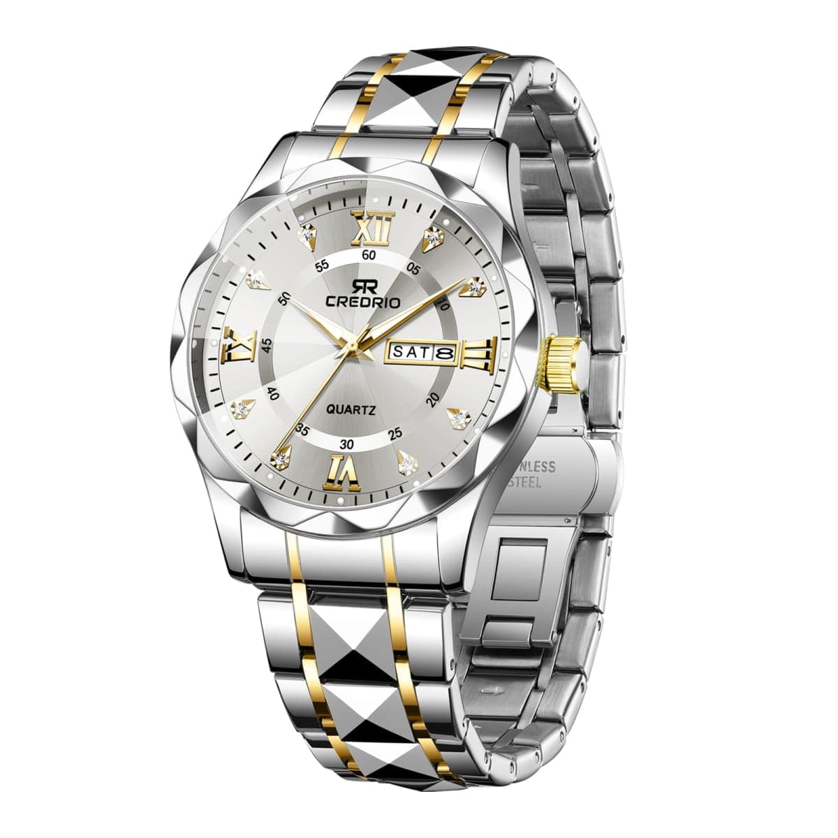 Credrio Watch for Men Stainless Steel Waterproof Diamond Business Dress Analog Quartz Luminous Date Two Tone Luxury Casual Wrist Watch — image 1