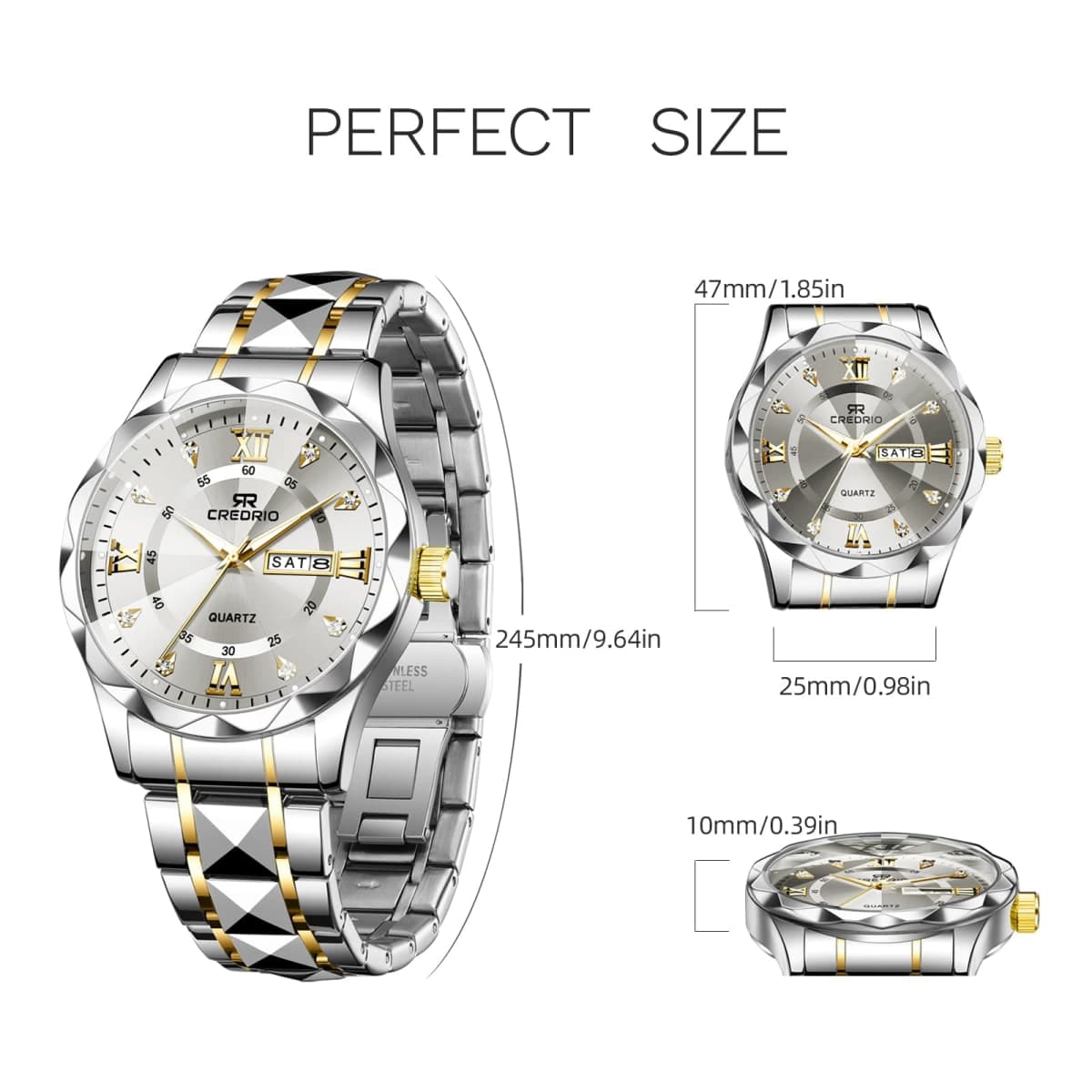 Credrio Watch for Men Stainless Steel Waterproof Diamond Business Dress Analog Quartz Luminous Date Two Tone Luxury Casual Wrist Watch thumbnail 3