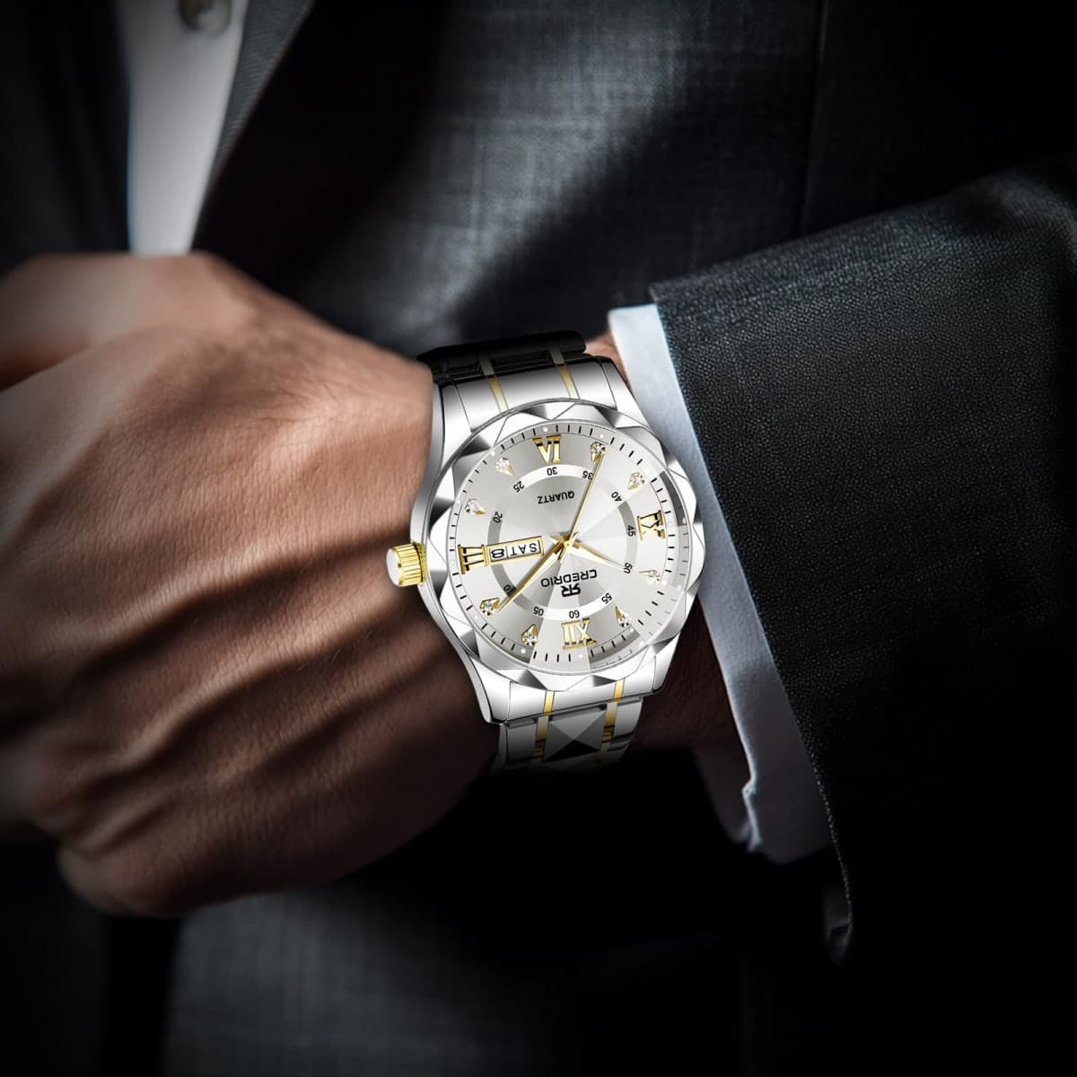 Credrio Watch for Men Stainless Steel Waterproof Diamond Business Dress Analog Quartz Luminous Date Two Tone Luxury Casual Wrist Watch thumbnail 5