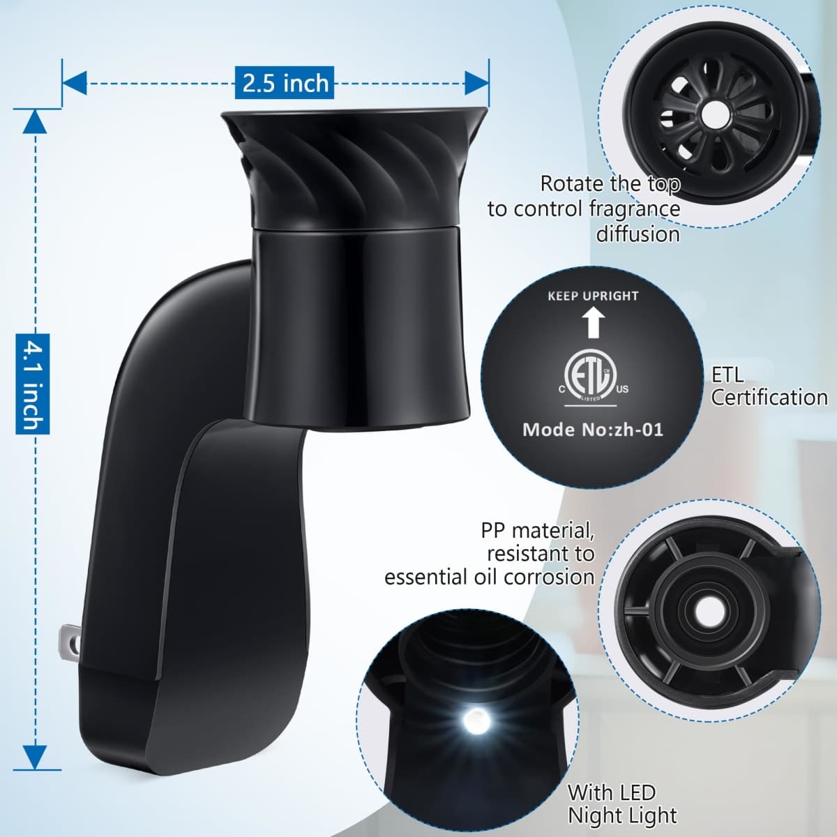 Hohean 2 Pcs Wall Fragrance Plug with Night Light Compatible with Bath and Body Works WallFlower Refills (No Fragrance Included), ETL Certified, Rotatable Scent Control Plug for Home/Office (Black) thumbnail 2