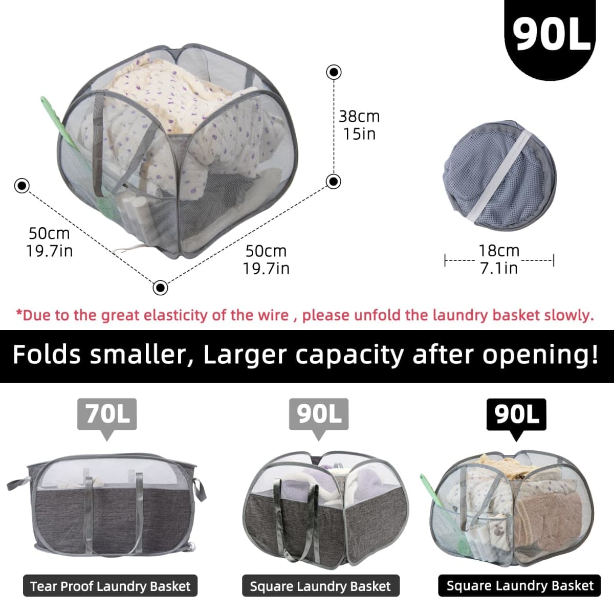 HEDONLEE Collapsible Laundry Basket, 90L Foldable Pop-up Laundry Hamper with Handles, Square Mesh Dirty Clothes Hamper for Laundry, Bathroom, Kids Room, Dorm,Travel or Camping (Gray) thumbnail 2