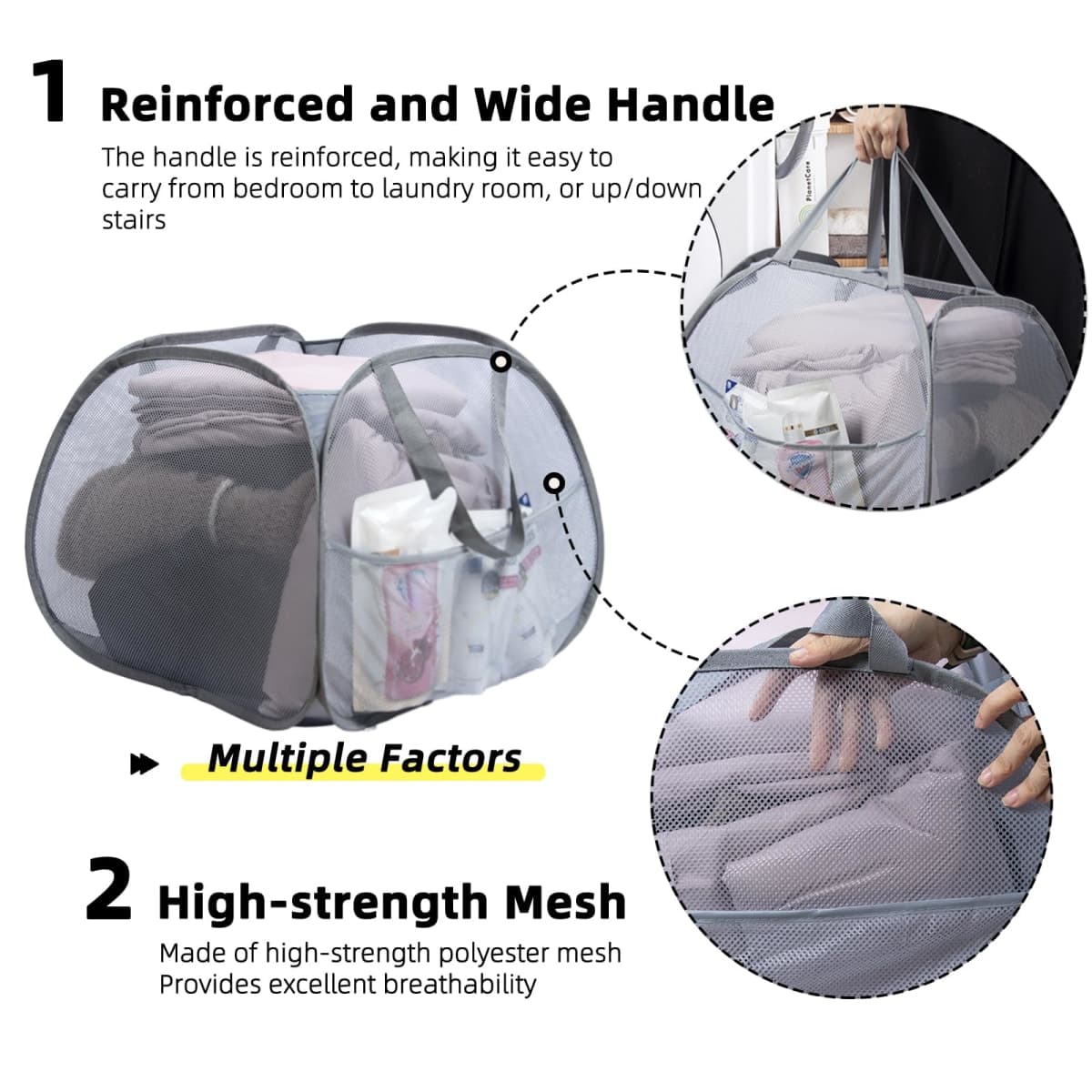 HEDONLEE Collapsible Laundry Basket, 90L Foldable Pop-up Laundry Hamper with Handles, Square Mesh Dirty Clothes Hamper for Laundry, Bathroom, Kids Room, Dorm,Travel or Camping (Gray) thumbnail 3