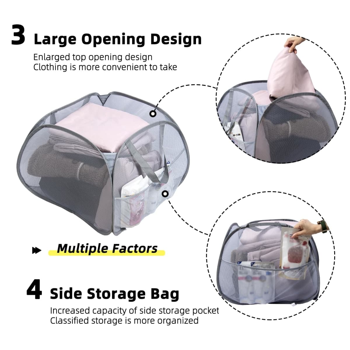 HEDONLEE Collapsible Laundry Basket, 90L Foldable Pop-up Laundry Hamper with Handles, Square Mesh Dirty Clothes Hamper for Laundry, Bathroom, Kids Room, Dorm,Travel or Camping (Gray) thumbnail 4