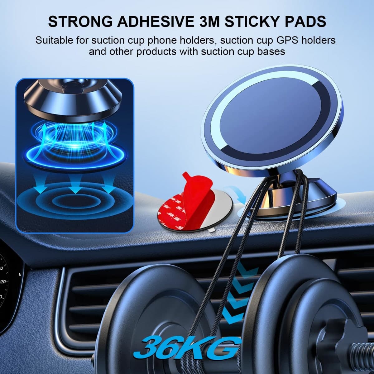 Dashboard Pad Mounting Disk for Suction Cup Phone Mount, 3.2" (82mm) 3M Car Sticky Base Plate for Phone Holder, Dash Mount, GPS Holder - Flexible & Heat-Resistant, for Flat & Curved Surface [3 PACK] thumbnail 2
