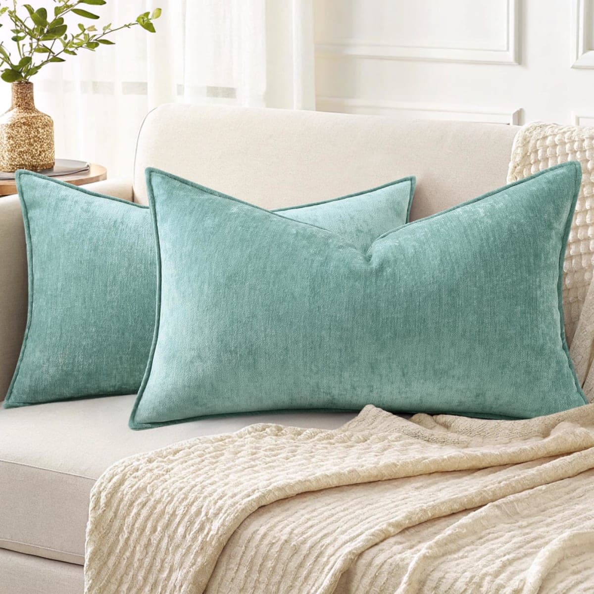 decorUhome Summer Couch Throw Pillow Covers 12x20 Set of 2, Decorative Soft Velvet Modern Cozy Chenille Lumbar Pillow Cases with Elegant Design for Sofa Bed Living Room Home Decor, Aqua Haze — image 1