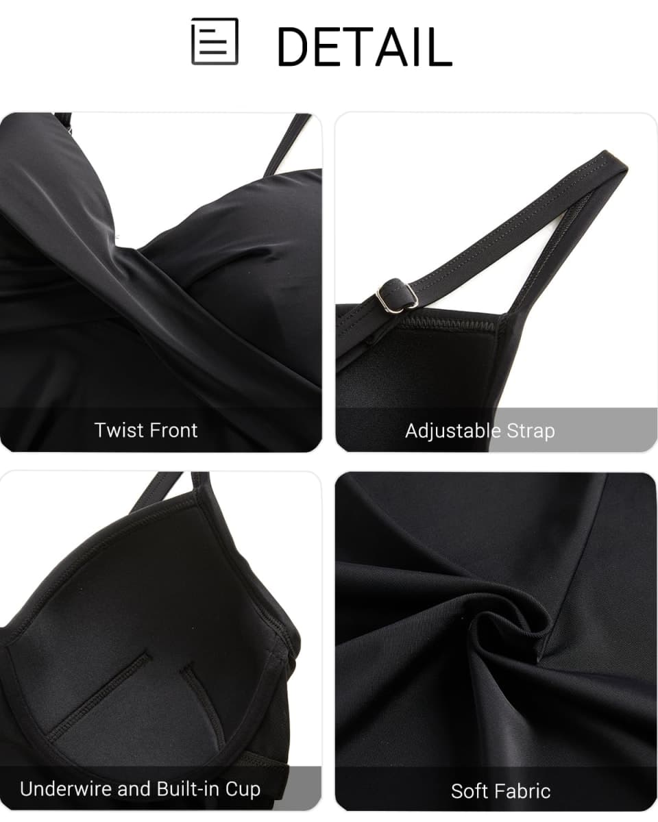 Aqua Eve Women Underwire Tankini Top Only Twist V Neck Swimsuit Top Flowy Bathing Suit Top No Bottom, Black, 22 Plus thumbnail 4