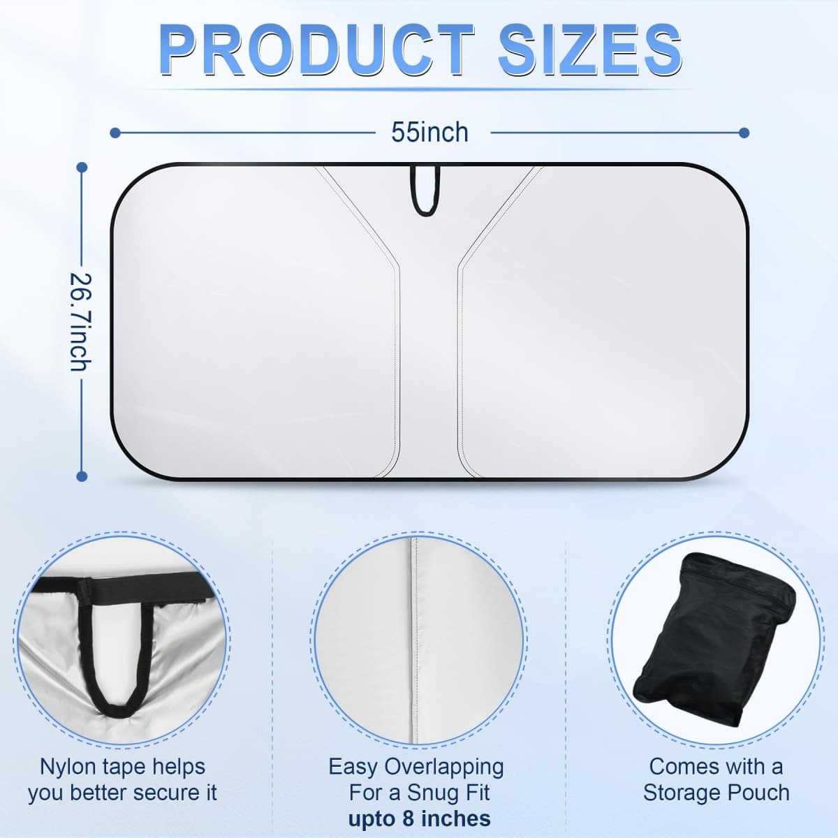 SINGARO 300T Universal Car Windshield Sun Shade, Foldable Reflective for Windshield & Window Shades with Overlapping Design, Car Interior Accessories (55" L x 26.7" W) thumbnail 2