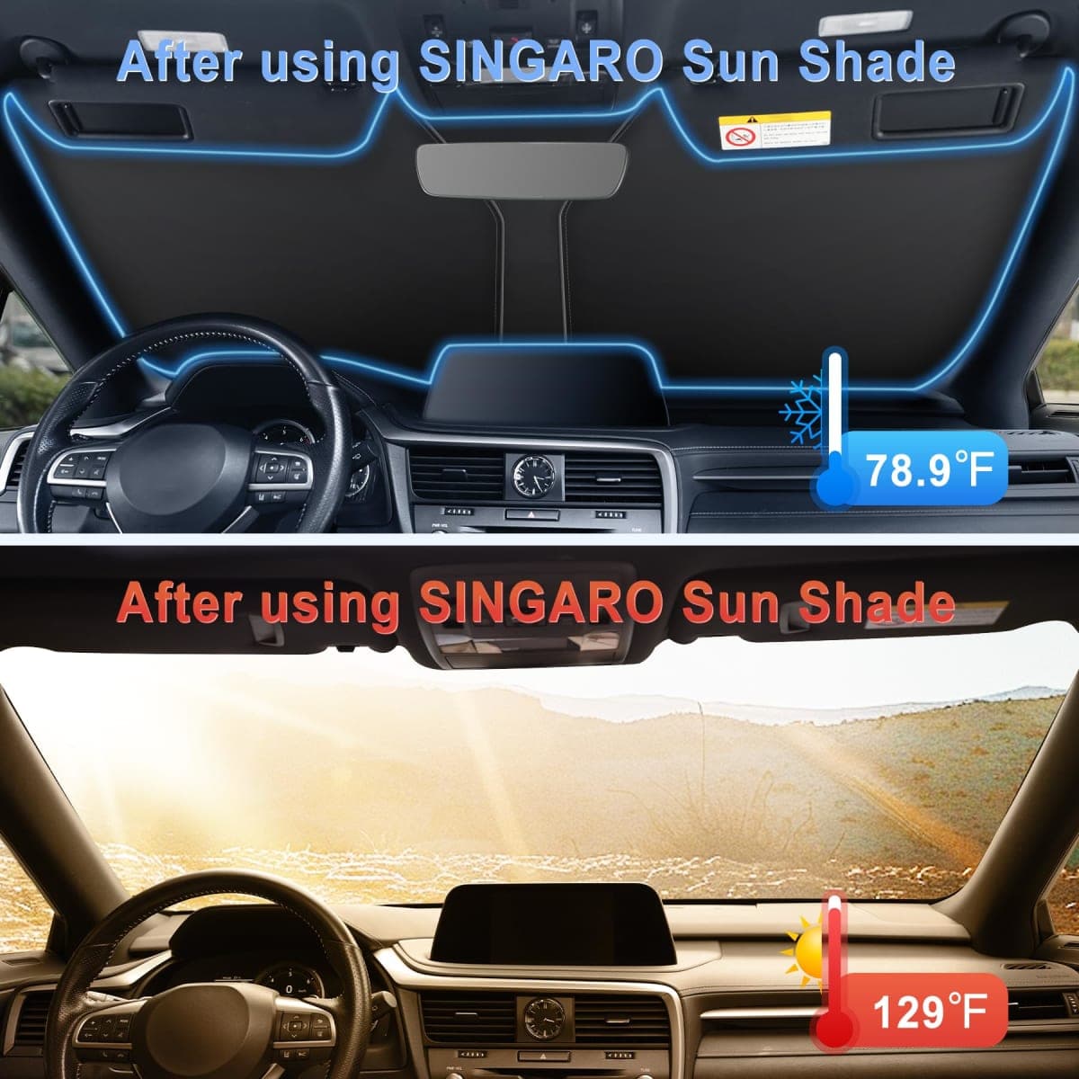 SINGARO 300T Universal Car Windshield Sun Shade, Foldable Reflective for Windshield & Window Shades with Overlapping Design, Car Interior Accessories (55" L x 26.7" W) thumbnail 3