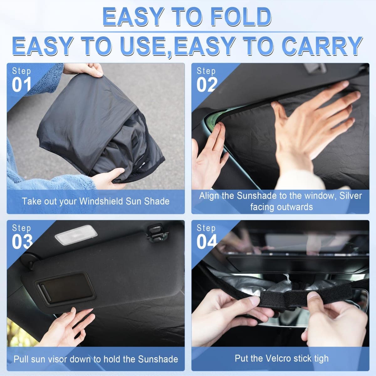 SINGARO 300T Universal Car Windshield Sun Shade, Foldable Reflective for Windshield & Window Shades with Overlapping Design, Car Interior Accessories (55" L x 26.7" W) thumbnail 4
