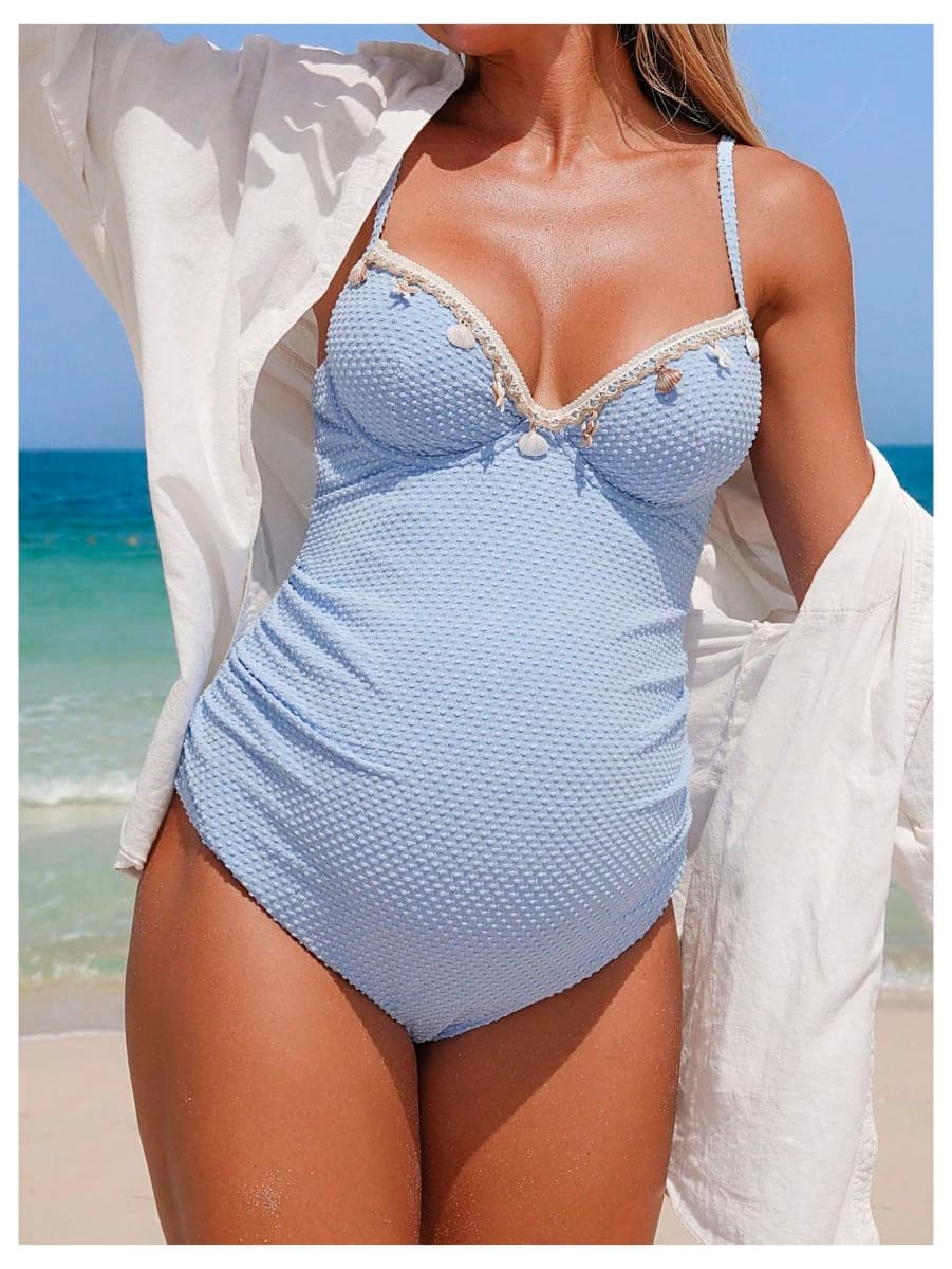 OYOANGLE Women's Maternity One Piece Swimsuits Textured Shell Decor V Neck Pregnancy Bathing Suit, Blue, Medium thumbnail 3