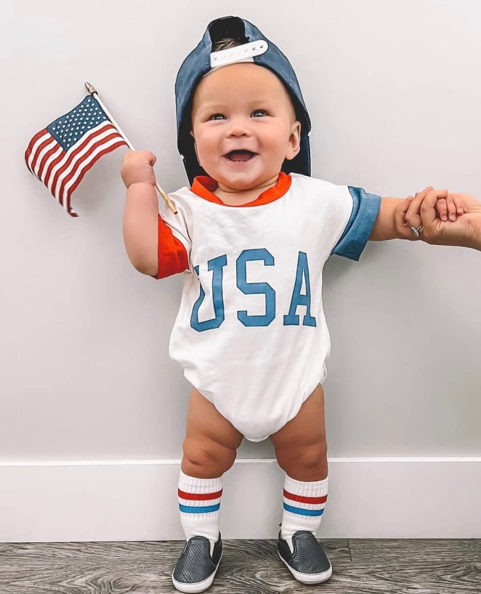 Baby 4th of July Outfit Boy Girl Infant Toddler Vintage USA T Shirts Oversized Romper Onesie Retro Clothes, Usa Romper, 9-12 Months thumbnail 2