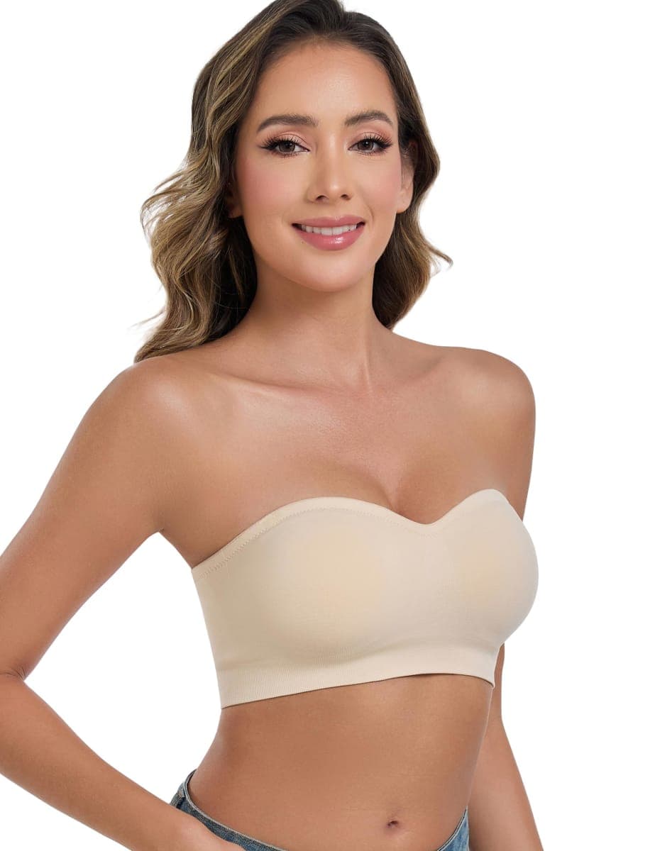ANGOOL Strapless Bras for Women Push Up Wirefree Non-Slip Tube Top Invisible Bralette Seamless Padded Bandeau Bra, Beige, Large thumbnail 2