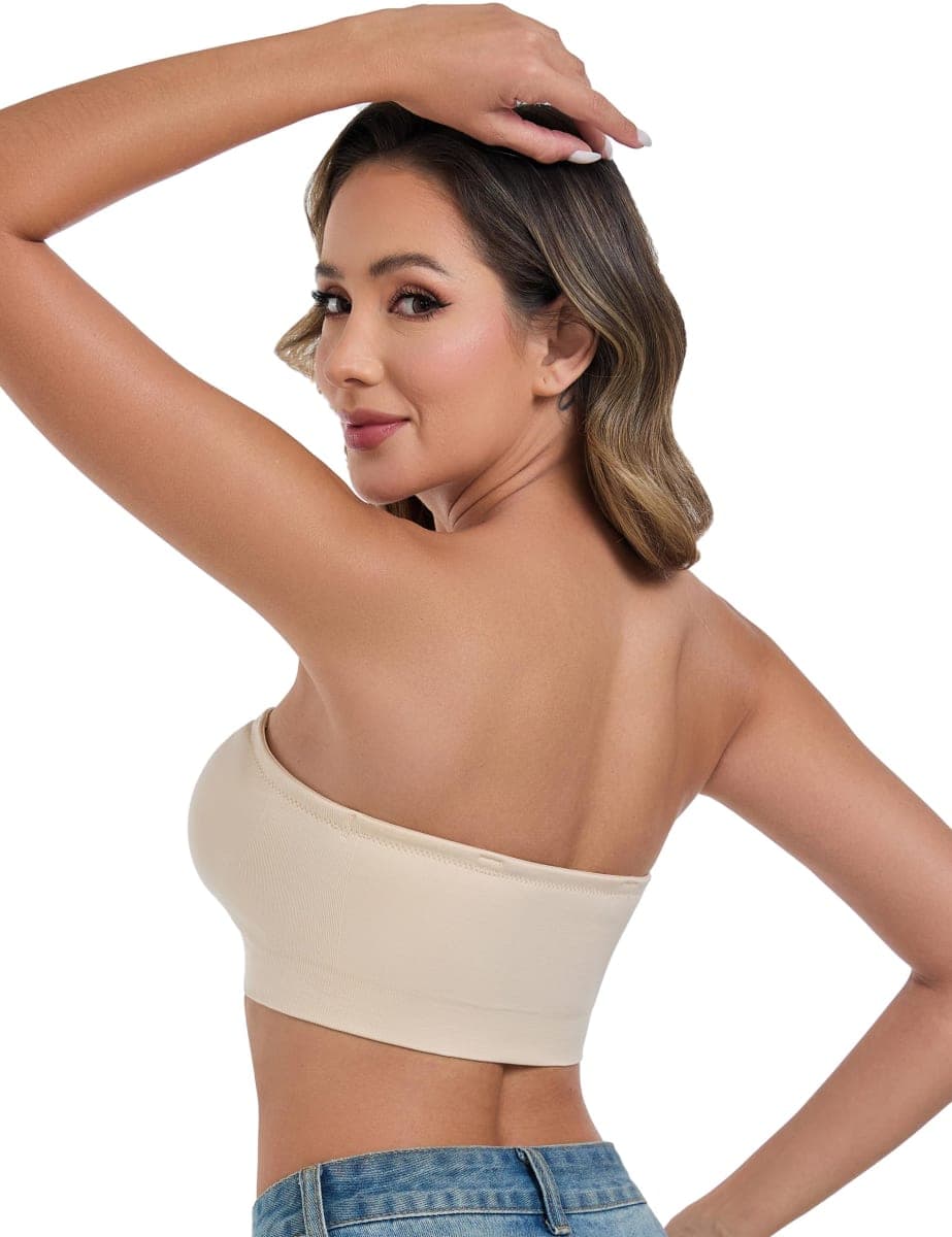 ANGOOL Strapless Bras for Women Push Up Wirefree Non-Slip Tube Top Invisible Bralette Seamless Padded Bandeau Bra, Beige, Large thumbnail 3