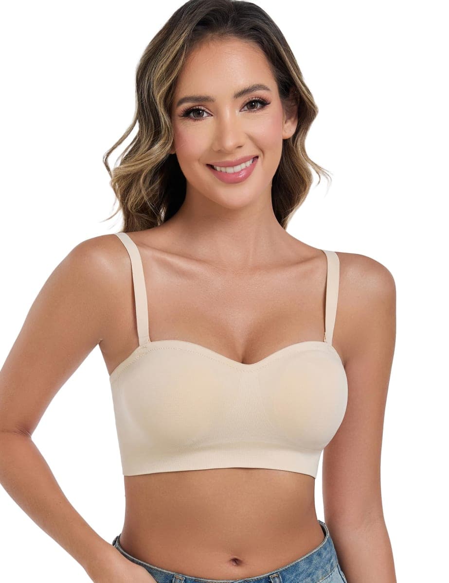 ANGOOL Strapless Bras for Women Push Up Wirefree Non-Slip Tube Top Invisible Bralette Seamless Padded Bandeau Bra, Beige, Large thumbnail 4