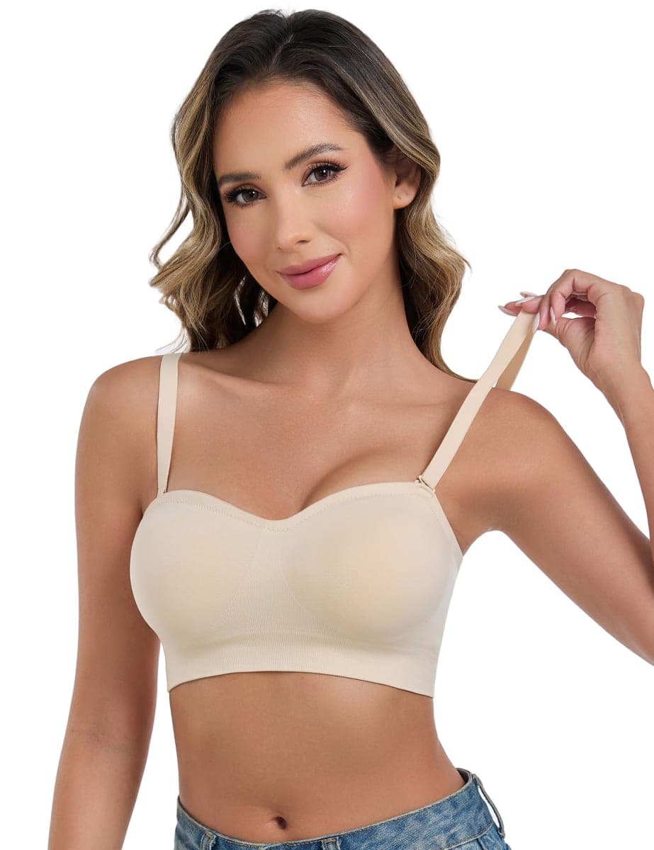ANGOOL Strapless Bras for Women Push Up Wirefree Non-Slip Tube Top Invisible Bralette Seamless Padded Bandeau Bra, Beige, Large thumbnail 5