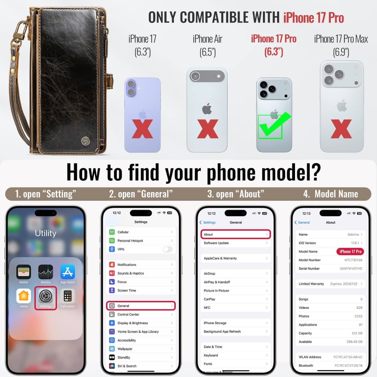Defencase Compatible with iPhone 17 Pro Case Wallet with RFID Blocking Card Holder for Women Men, Fashion PU Leather Magnetic Snap Flip Zipper Strap Wallet Phone Case for iPhone 17 Pro 6.3", Coffee thumbnail 2