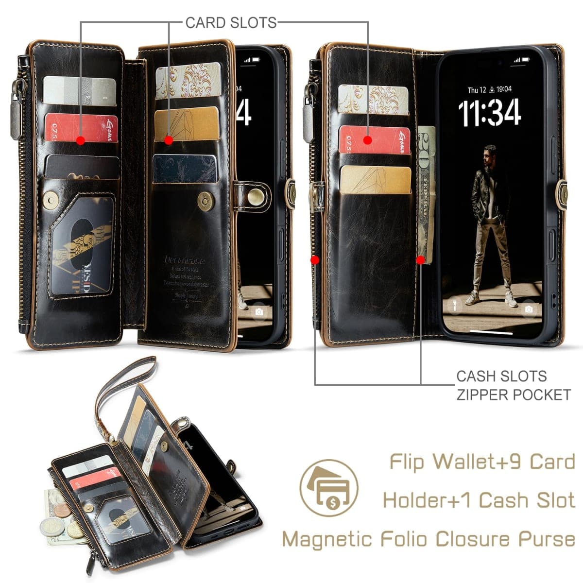 Defencase Compatible with iPhone 17 Pro Case Wallet with RFID Blocking Card Holder for Women Men, Fashion PU Leather Magnetic Snap Flip Zipper Strap Wallet Phone Case for iPhone 17 Pro 6.3", Coffee thumbnail 3