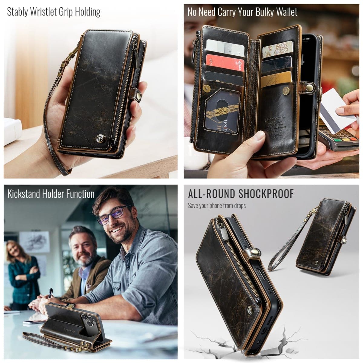 Defencase Compatible with iPhone 17 Pro Case Wallet with RFID Blocking Card Holder for Women Men, Fashion PU Leather Magnetic Snap Flip Zipper Strap Wallet Phone Case for iPhone 17 Pro 6.3", Coffee thumbnail 4