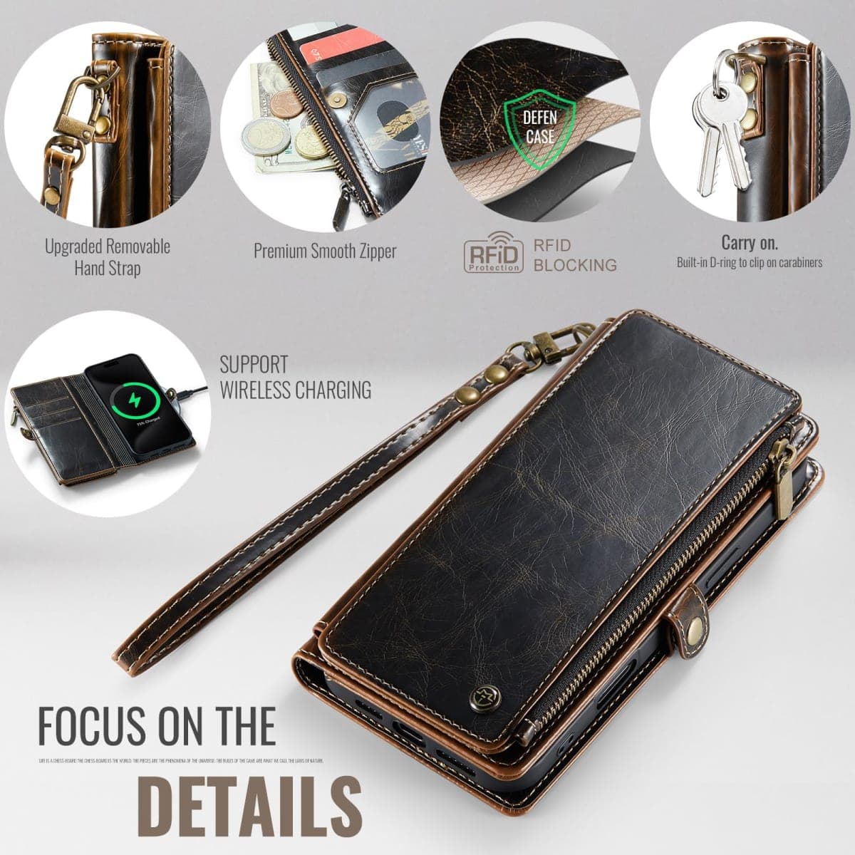 Defencase Compatible with iPhone 17 Pro Case Wallet with RFID Blocking Card Holder for Women Men, Fashion PU Leather Magnetic Snap Flip Zipper Strap Wallet Phone Case for iPhone 17 Pro 6.3", Coffee thumbnail 5
