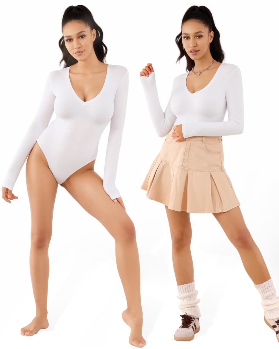 MANGOPOP Deep V Neck Short Sleeve Long Sleeve Tops Bodysuit for Women Clothing thumbnail 2