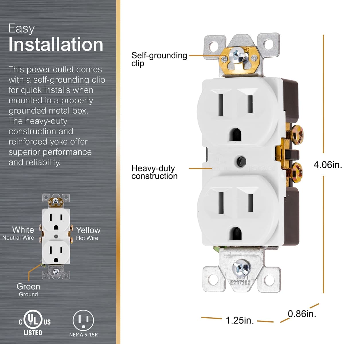 GE, White, Ultra Pro Duplex Heavy-Duty Receptacle, 2, Wall Outlet, Reinforced Yoke, Self-grounding Clip, 3 Prong, Supports 15A, UL Listed, 42157 thumbnail 2