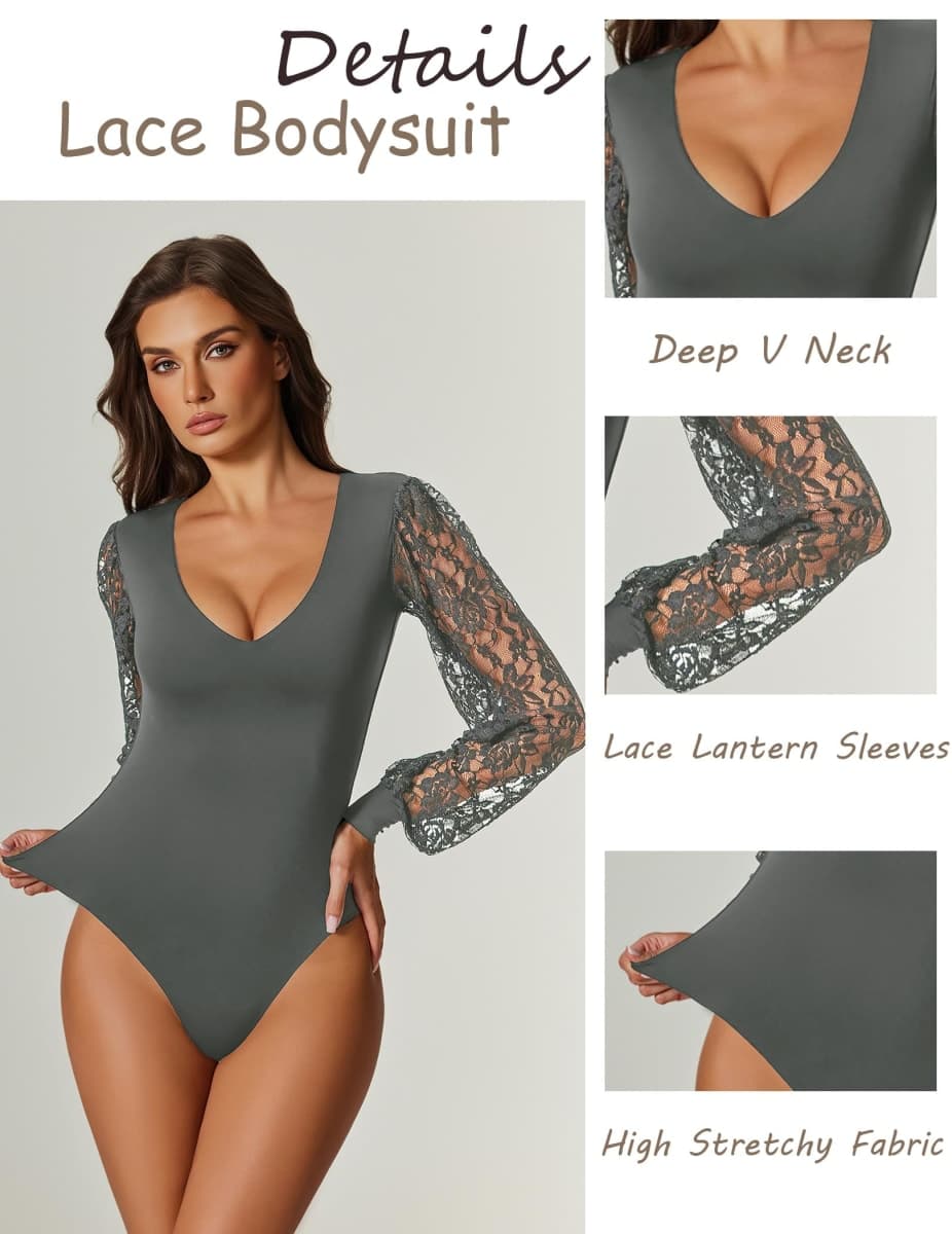 Avidlove Long Sleeve Bodysuits for Women Lace Plus Size Bodysuit Double Lined Shirt Tops Gray XL thumbnail 2