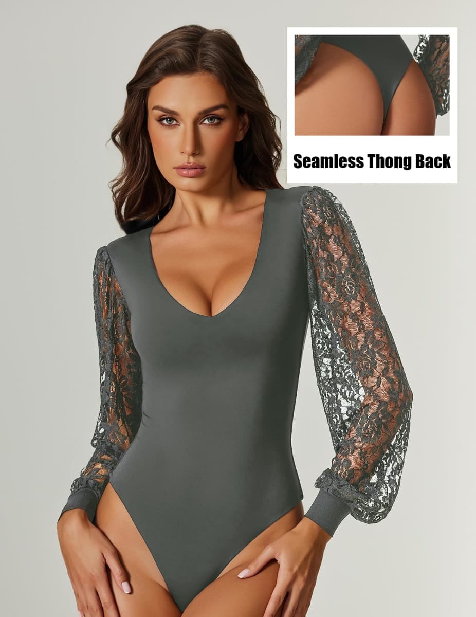 Avidlove Long Sleeve Bodysuits for Women Lace Plus Size Bodysuit Double Lined Shirt Tops Gray XL thumbnail 3